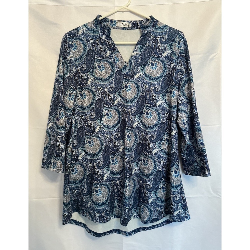 Chama Woman's Long Sleeve V-Neck Top Tunic Blouse Paisley Print‎ Stretch Size L